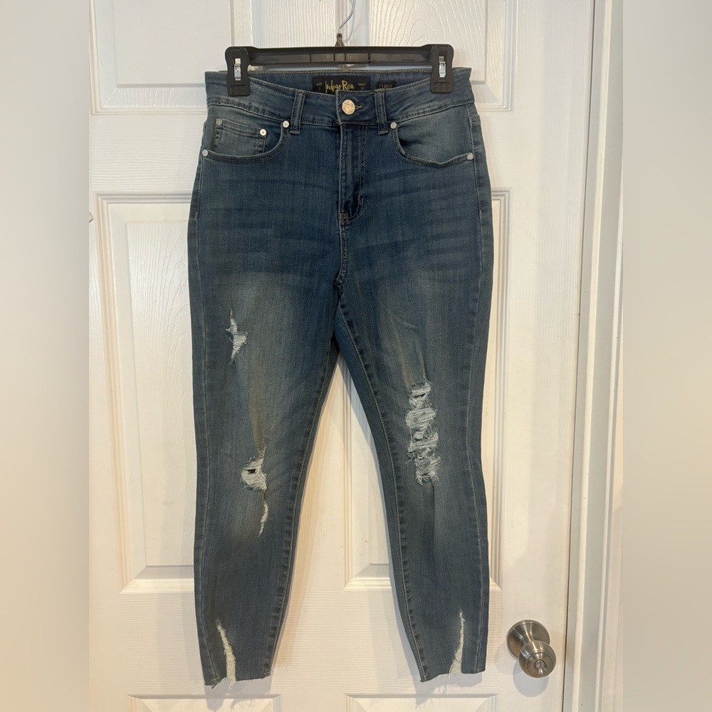 Indigo Rein Dark Blue Distressed Cropped Jeans